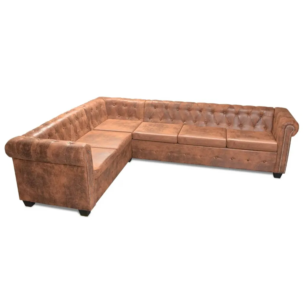 MEDINA CHESTERFIELD HOEKBANK 6ZITS KUNSTLEER BRUIN